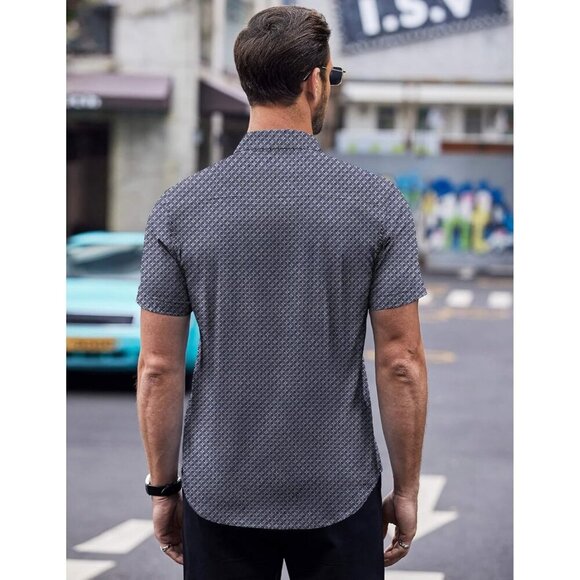 Blue windmill Men Short Sleeve Button Down Wrinkle Free Polka Dot Print Shirt - Picture 4 of 5